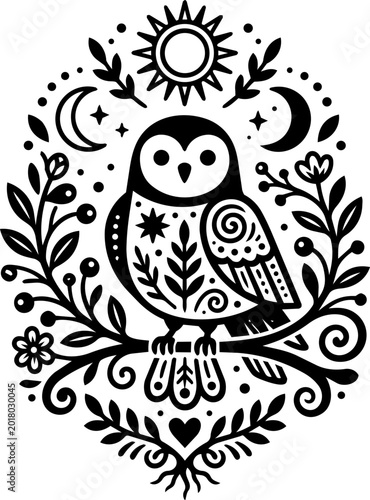 Celestial Folk Art Owl Illustration