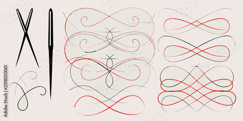 Tableau sur toile Sewing needles and red thread illustration decorative swirls and lines
