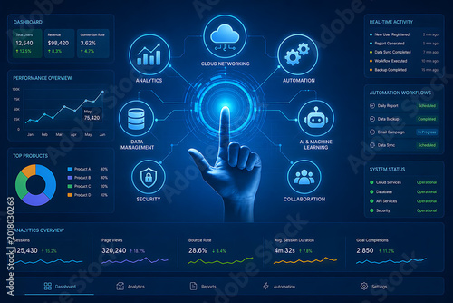 A futuristic hand interacts with glowing icons on a digital dashboard displaying various graphs and charts.