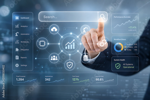 Businessman interacts with futuristic technology interface in office setting with graphs