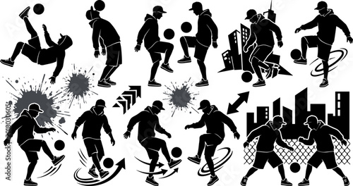 Tableau sur toile Street soccer player silhouette collection featuring freestyle football dribbling tricks urban sports action and dynamic athlete poses in black vector style