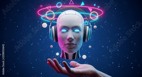 robot head with headphones and neon lights floating above a human hand