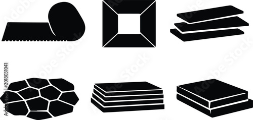 Material layers and textures vector icon set, black and white graphic elements for construction and engineering, abstract shapes for industrial design and architecture projects
