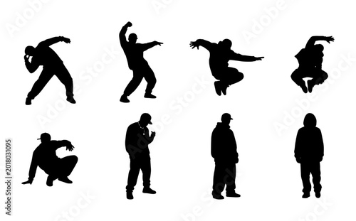 Φωτογραφία Urban Breakdance Silhouettes, Hip Hop Dancers Set, Dynamic Poses Vector Collecti