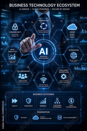 A businessman interacts with a futuristic AI technology ecosystem interface displaying various business and technology icons.