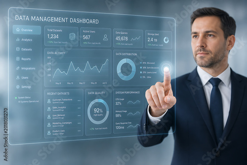 Businessman interacting with virtual data management dashboard display