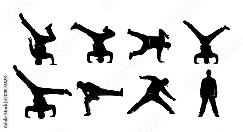 Fényképezés Breakdancing Silhouette Set, 8 Dynamic B-Boy Poses, Urban Street Dance Vector Co