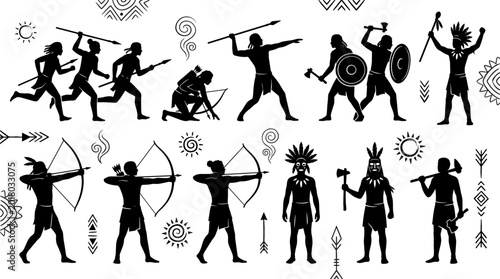 Obraz na plátně Ancient tribal warrior silhouette collection featuring archers hunters spearmen shields and indigenous cultural combat poses in black vector style