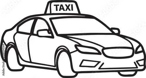 Εκτύπωση καμβά Black and white taxi car illustration, simple line art vehicle, taxi sign on roo