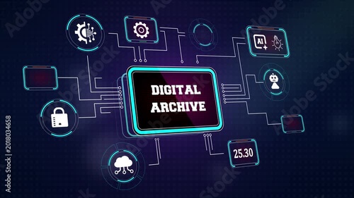 Modern digital archive interface showing secure historical data storage and virtual cloud icons perfect for library management and corporate record keeping ads