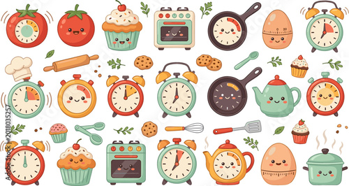 Foto Cute kitchen and cooking timer collection featuring alarm clocks cupcakes teapots pans eggs and baking tools in cartoon vector style