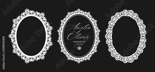 Elegant lace oval frames with vintage ornate borders and floral embroidery patterns, perfect for wedding invitations and decorative baroque designs