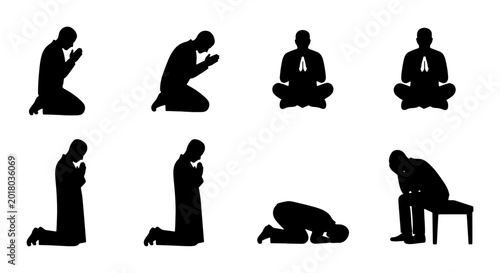 Foto Silhouette Prayer Poses Collection, Diverse Human Figures in Worship and Meditat