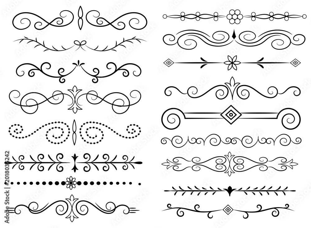 Fototapeta premium Hand Drawn decorative divider elements. Border flourish collection. Divider ornament, borders, doodle, separators, page dividers, header