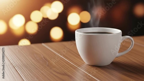 A steaming cup of hot coffee sits on a wooden table with soft golden bokeh lights