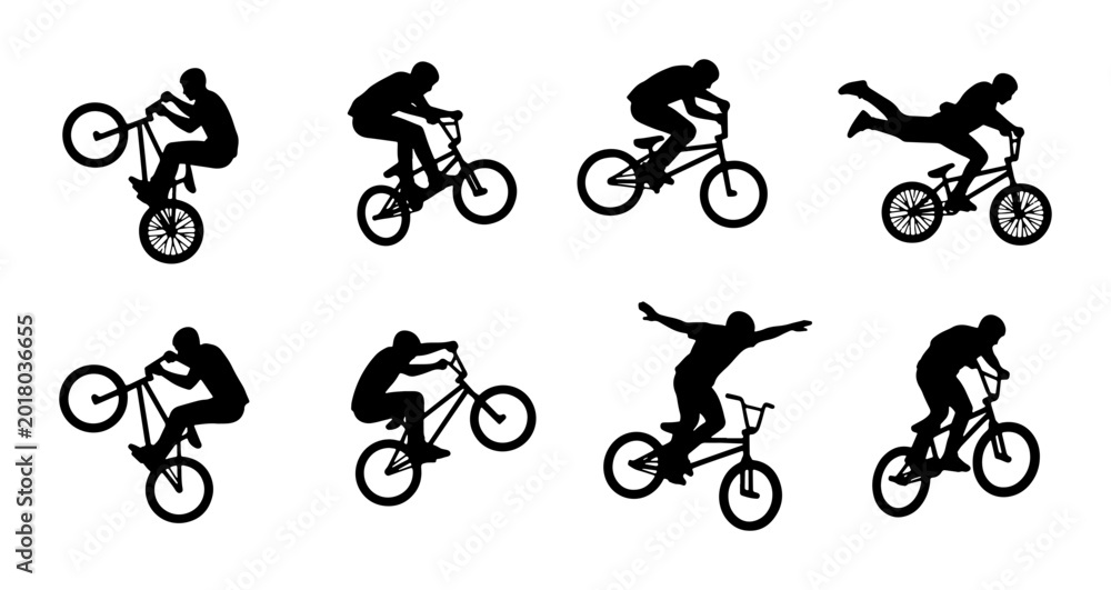 Obraz premium BMX Bicycle Rider Silhouette Collection, Extreme Sports Action Poses, Dynamic Freestyle Cycling Vector Set
