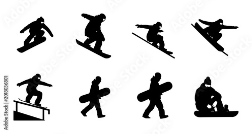 Foto Snowboarder Silhouettes, Winter Sports Action Icons, Extreme Snowboarding Vector