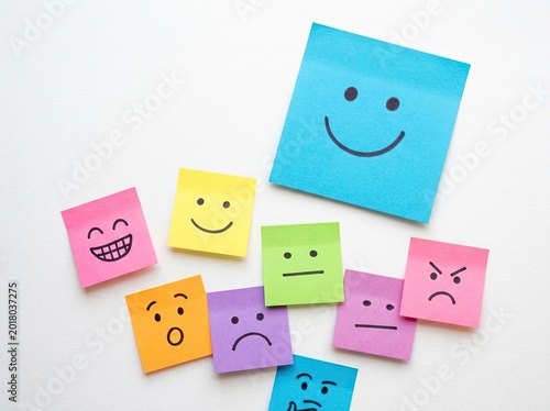 Colorful sticky notes displaying various emoticon faces on a clean white background, positivity Concept.