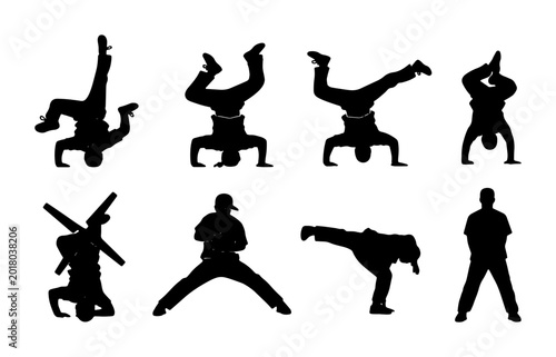 Fotografie Breakdance Silhouette Set, Dynamic B-Boy Poses, Urban Street Dance Moves, Hip Ho