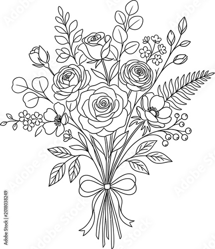 Beautiful Floral Bouquet Coloring Page Illustration.