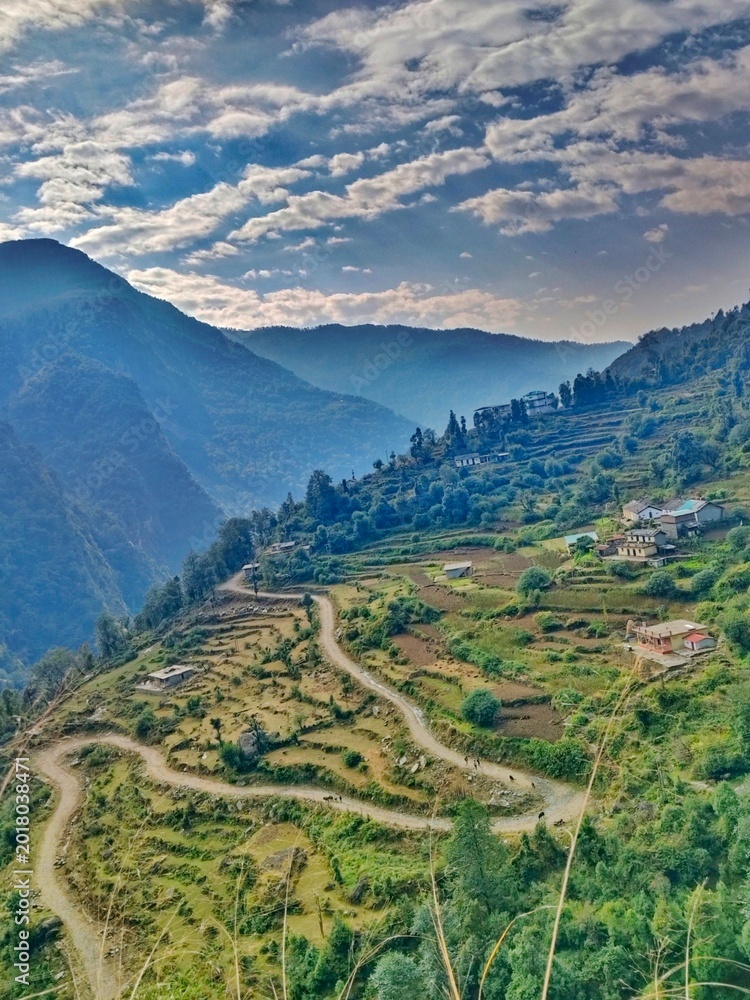 Fototapeta premium aerial view of mountains nature, tourism, travel, green, india, village, hometown,phadi lifestyle, indian village,forest, grass, valley, summer, landscapemountain, sky, mountains, alps, view, peak, cl