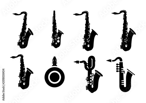 Photography Saxophone Silhouettes Collection, Jazz Instrument Icons, Musical Vector Graphics