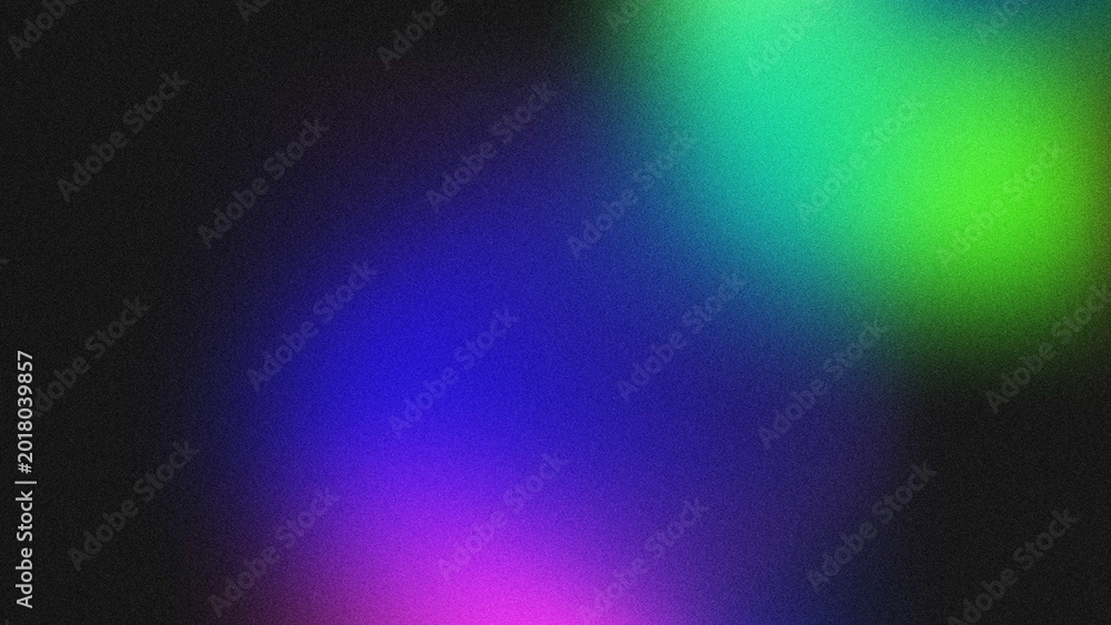 Obraz premium Abstract grainy gradient background with vibrant purple, blue, and neon green light glows on a black base.
