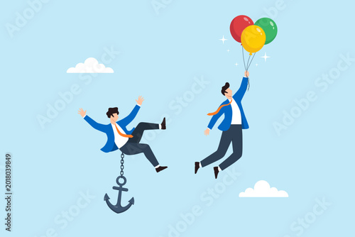 Obraz na plátně Flat illustration of businessmen floating with balloons and sinking with anchor