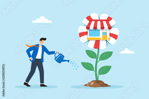 Flat illustration of businessman watering growing shop plant symbolizing startup investment business expansion entrepreneurial support and sustainable revenue growth