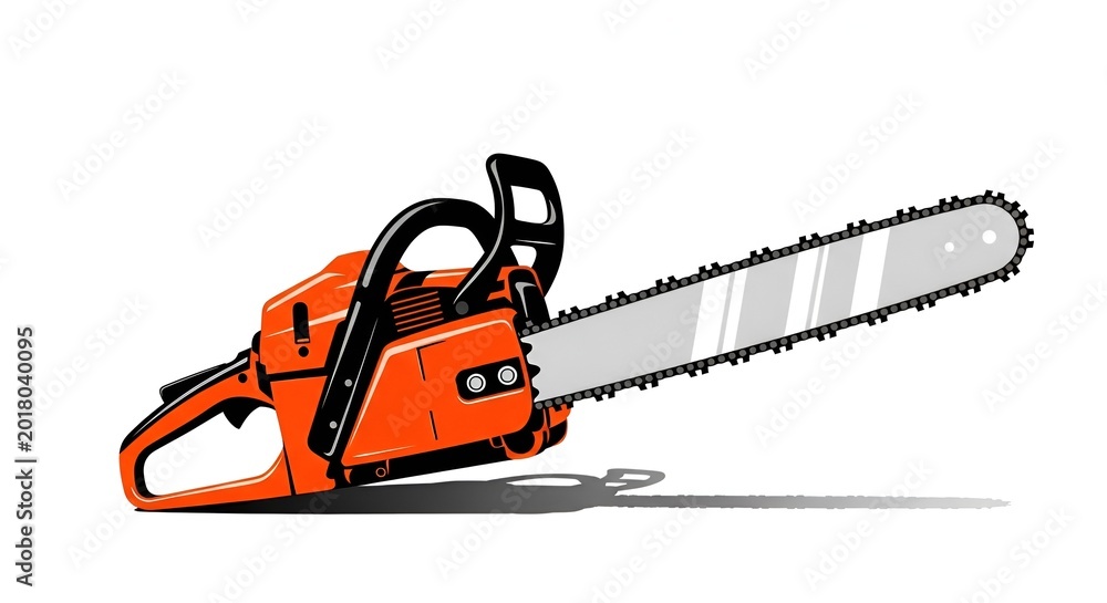 Fototapeta premium Orange Chainsaw with Chain and Bar, Isolated on White Background