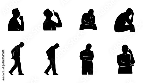 Canvastavla Silhouette Icons: Diverse Pensive and Contemplative Male Poses, Vector Set for B