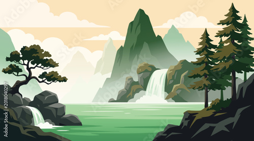 Vector illustration of a mountain lake with waterfall and trees