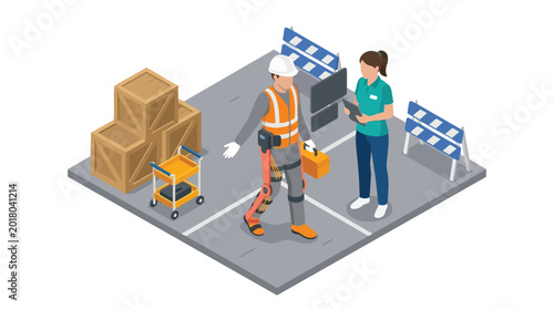 Construction workers collaborating on a project with safety equipment and tools, featuring a dynamic isometric view