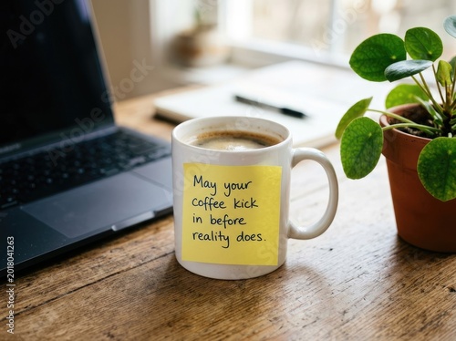 Coffee mug with positive message on sticky note, placed on wood table, next to a laptop and a potted plant, productivity Concept