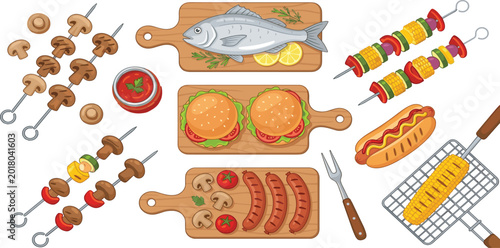 Εκτύπωση καμβά Outdoor Summer BBQ Food Collection Featuring Grilled Fish, Burgers, Sausages, Ho