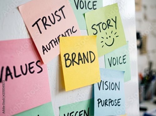 Colorful sticky notes showcasing brand messaging, various handwritten words, cheerful office backdrop, strategic planning, teamwork Concept