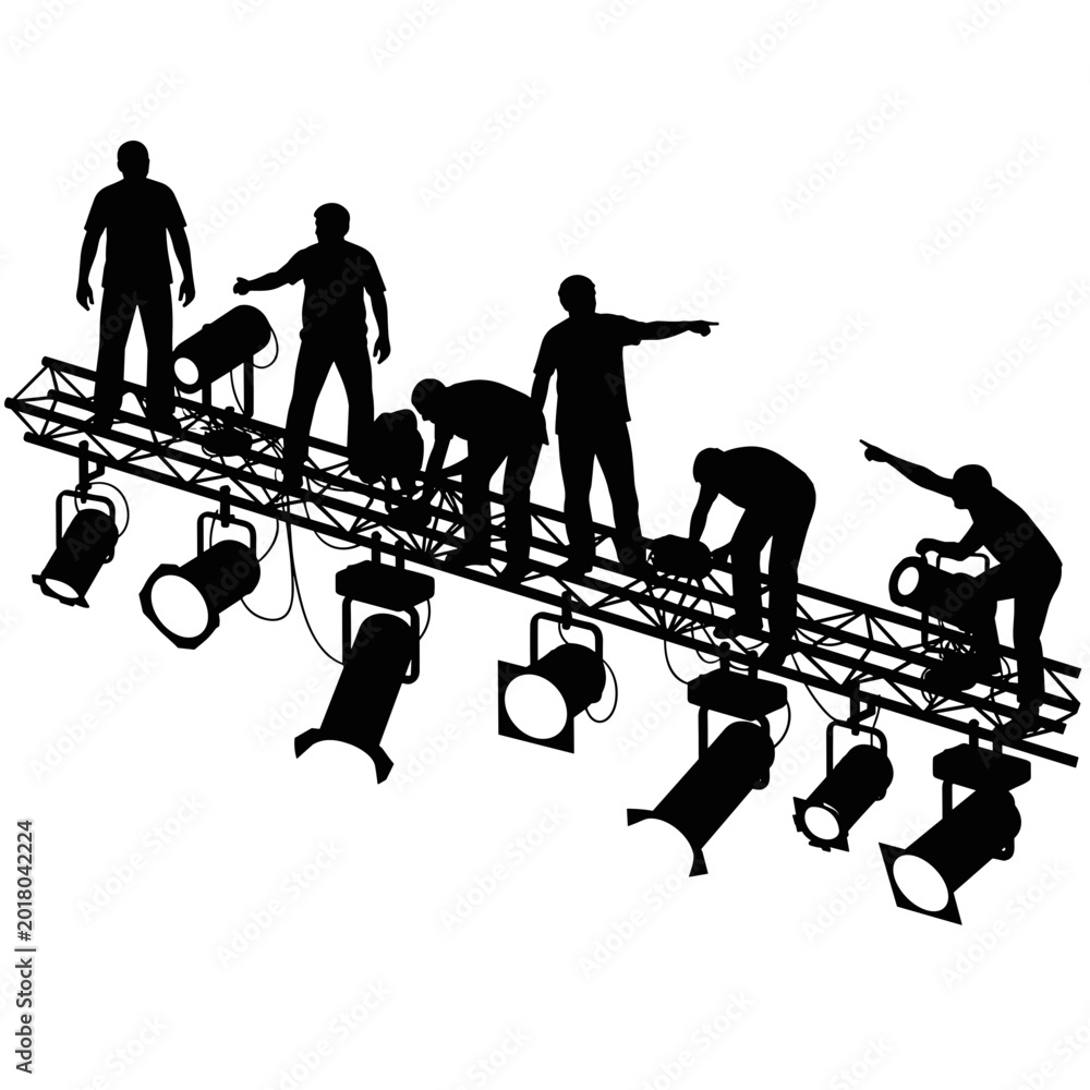 Obraz premium Silhouettes of Stage Technicians and Crew Rigging Professional Lighting Equipment on a Metal Truss for an Event Production