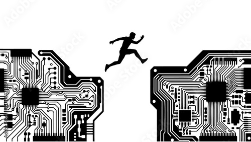 Foto Digital technology leap, a silhouette of a person jumping over a circuit board gap