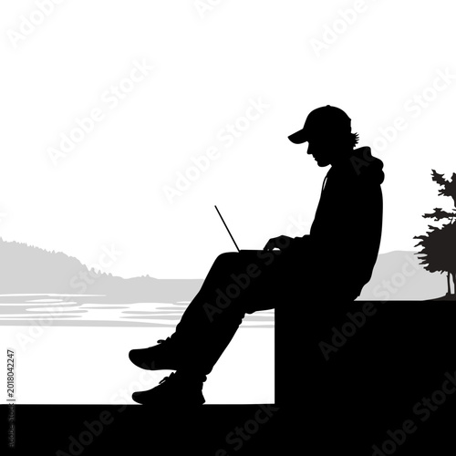 Silhouette of a man working on a laptop while sitting outdoors near a lake, digital nomad and remote work concept illustration.
