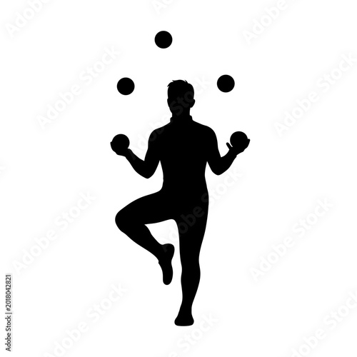 Silhouette of a male juggler performing with three balls while balancing on one leg, circus artist vector illustration.