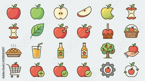 Set of apples and apple related icons food drink and processing