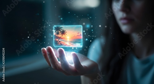 Woman Holding Holographic Tropical Vacation Card