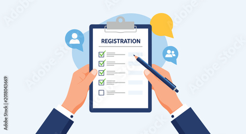 Person holding a clipboard with a registration form and checking off items using a pen in a professional setting.