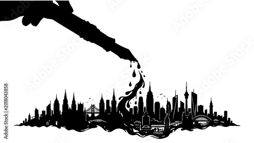Photography Creative ink pen drawing a sprawling black silhouette city skyline, an artistic urban landscape illustration, dripping ink forming a vibrant metropolis