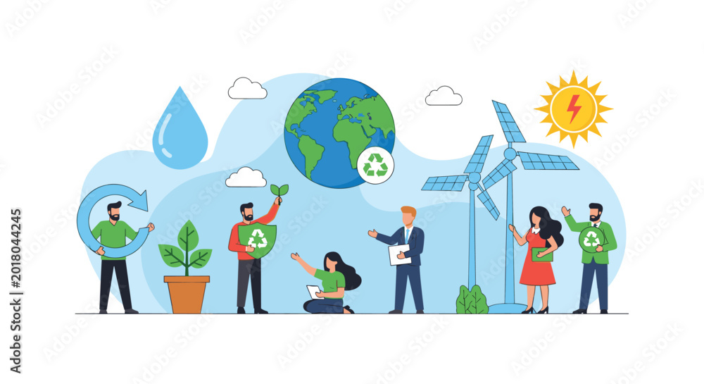 Fototapeta premium Diverse community working with renewable energy and recycling symbols emphasizes the global effort toward environmental sustainability and health.