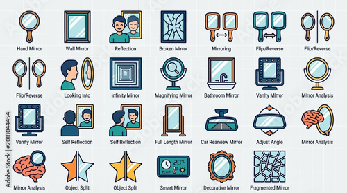 Collection of mirror icons depicting reflection analysis and perspective