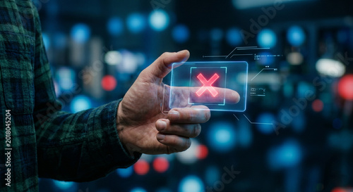 Hand pressing glowing red X mark on futuristic holographic screen, representing access denied or system error.