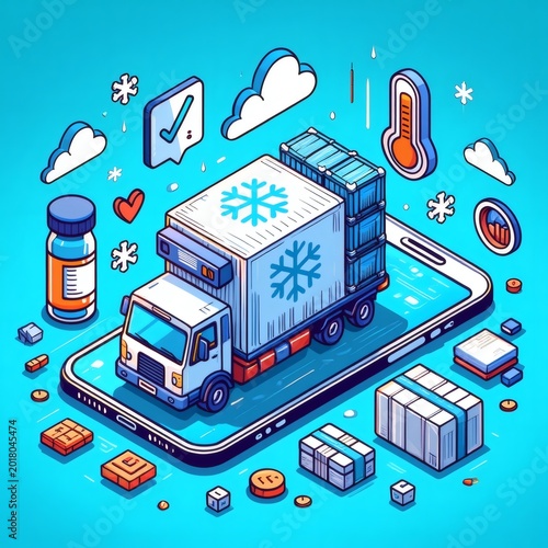 A refrigerated truck on a smartphone screen surrounded by medical supplies and weather icons