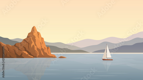 Tableau sur toile Vector illustration of sailboat on calm water near rocky outcrop at sunset