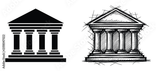 Classic Greek temple building icon and handdrawn sketch for financial and legal concepts